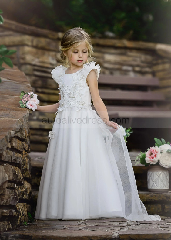 Beaded White Lace Tulle Flower Girl Dress Communion Dress